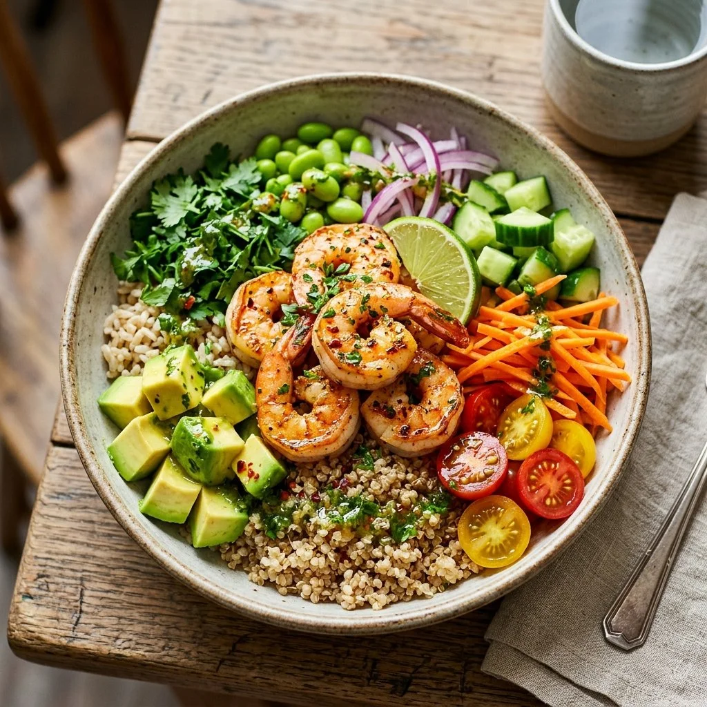 Colorful healthy shrimp bowls with fresh vegetables and quinoa.