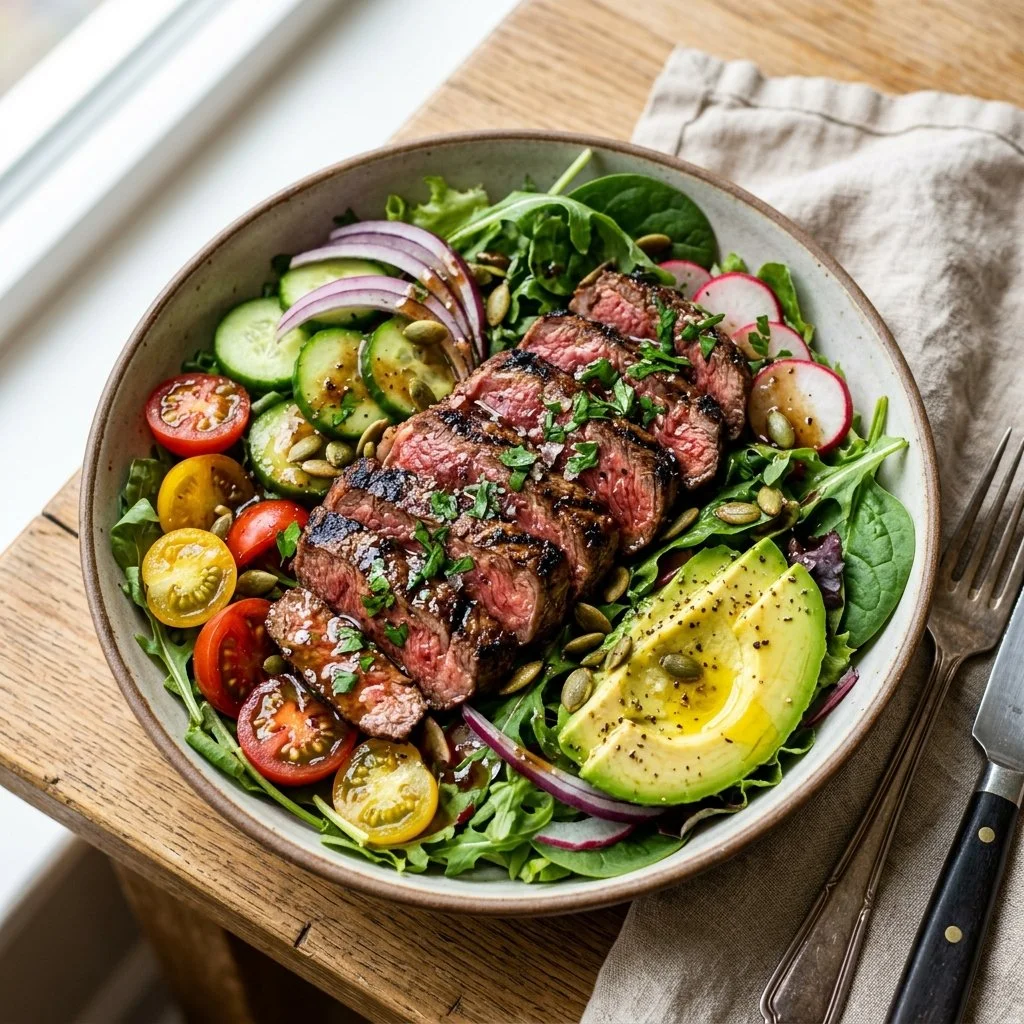 Healthy steak salad with fresh greens and vegetables