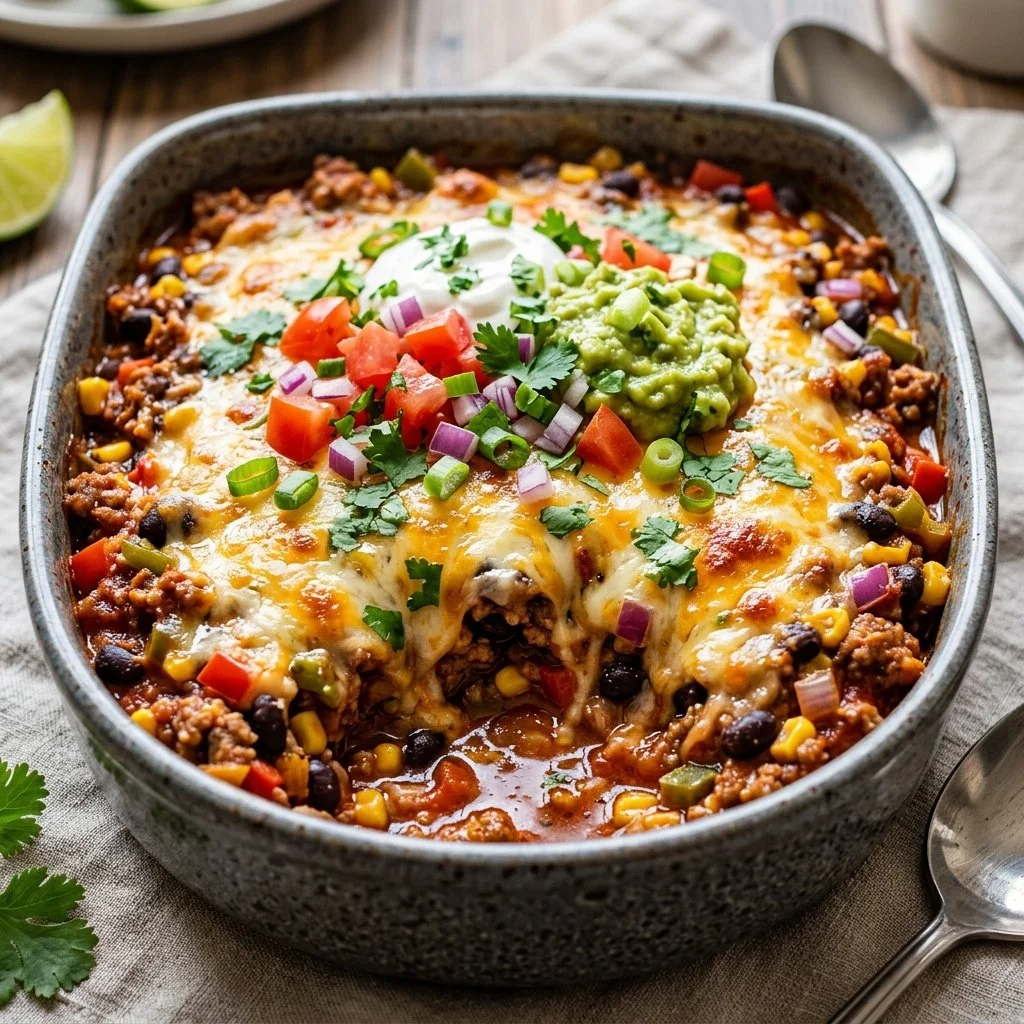 Healthy Taco Casserole dish topped with fresh ingredients and served in a baking dish.