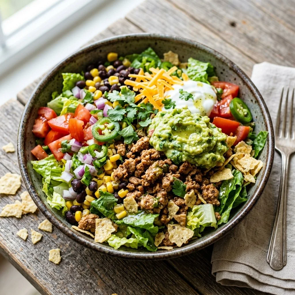 Colorful and healthy taco salad with fresh vegetables, beans, and avocado