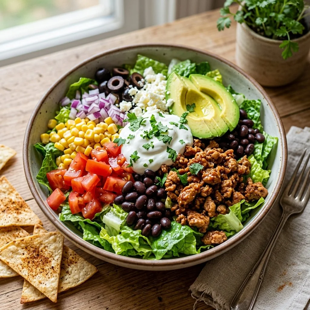 Healthy taco salad bowl with fresh vegetables, beans, and dressing