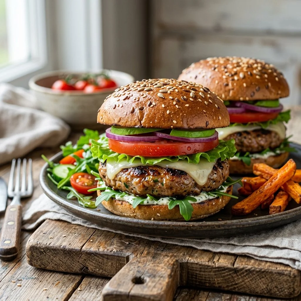 Healthy turkey burgers on a plate with fresh vegetables and condiments
