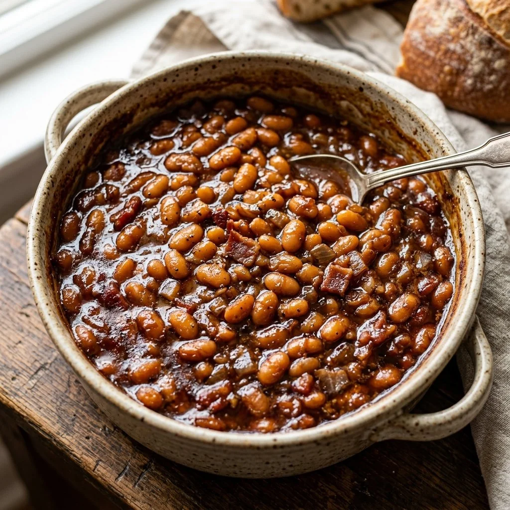 A bowl of homemade baked beans garnished with herbs and spices.
