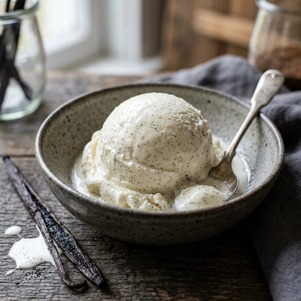 Bowl of creamy homemade vanilla bean ice cream with vanilla pods