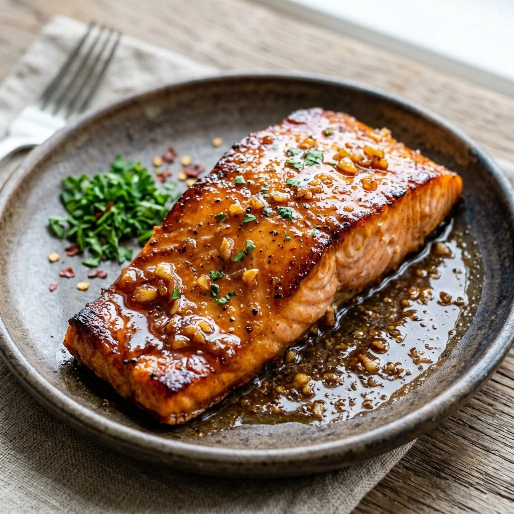 Plate of honey garlic salmon with vibrant vegetables