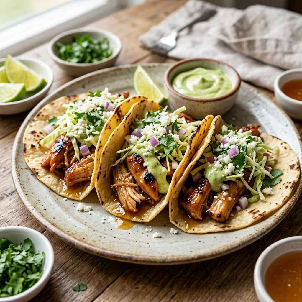 Delicious Honey Lime Chicken Tacos served with fresh toppings