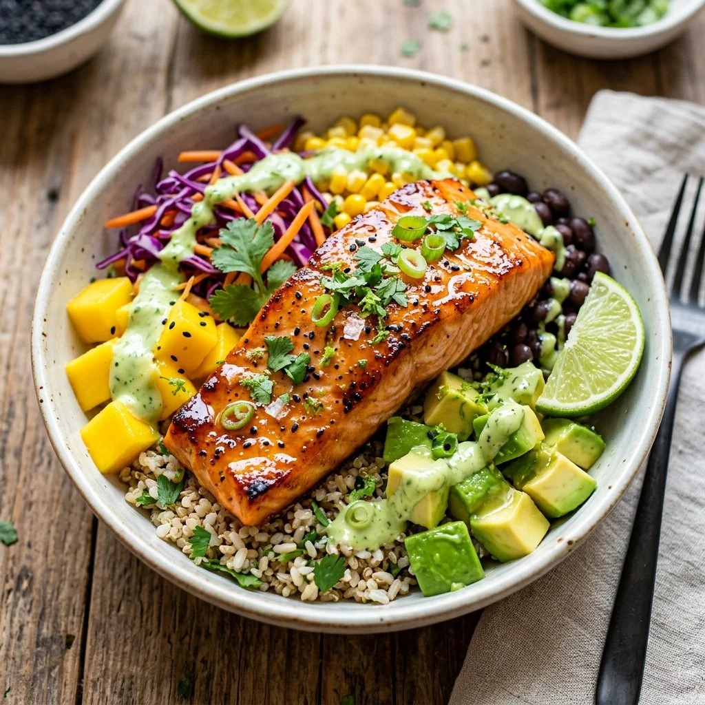 Delicious Honey Lime Salmon Bowls with fresh ingredients and vibrant flavors.
