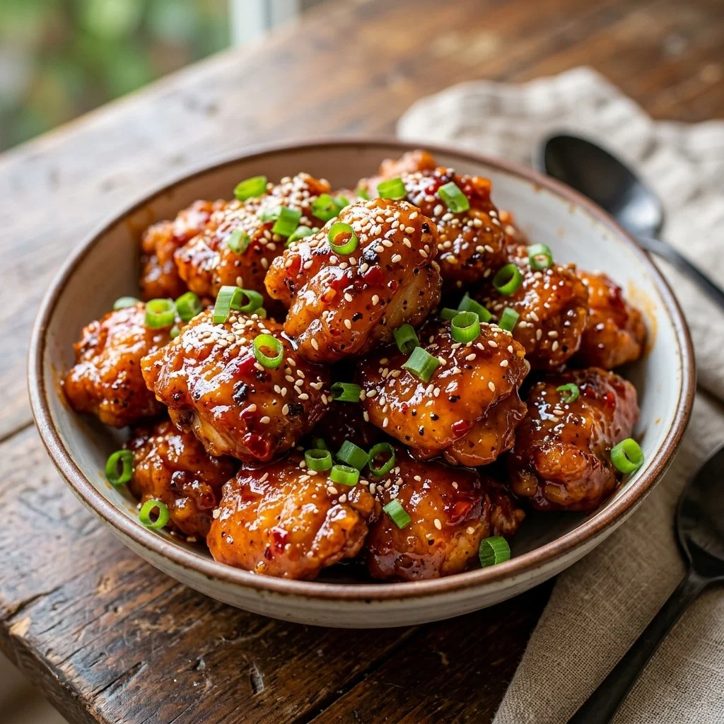 Honey Sriracha Chicken dish garnished with fresh herbs