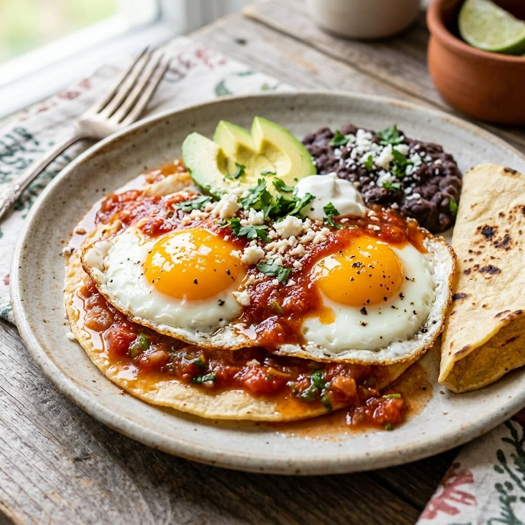 Plate of Huevos Rancheros with eggs, tortillas, and salsa