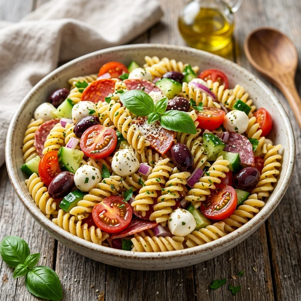 Delicious Italian pasta salad with fresh vegetables and dressing
