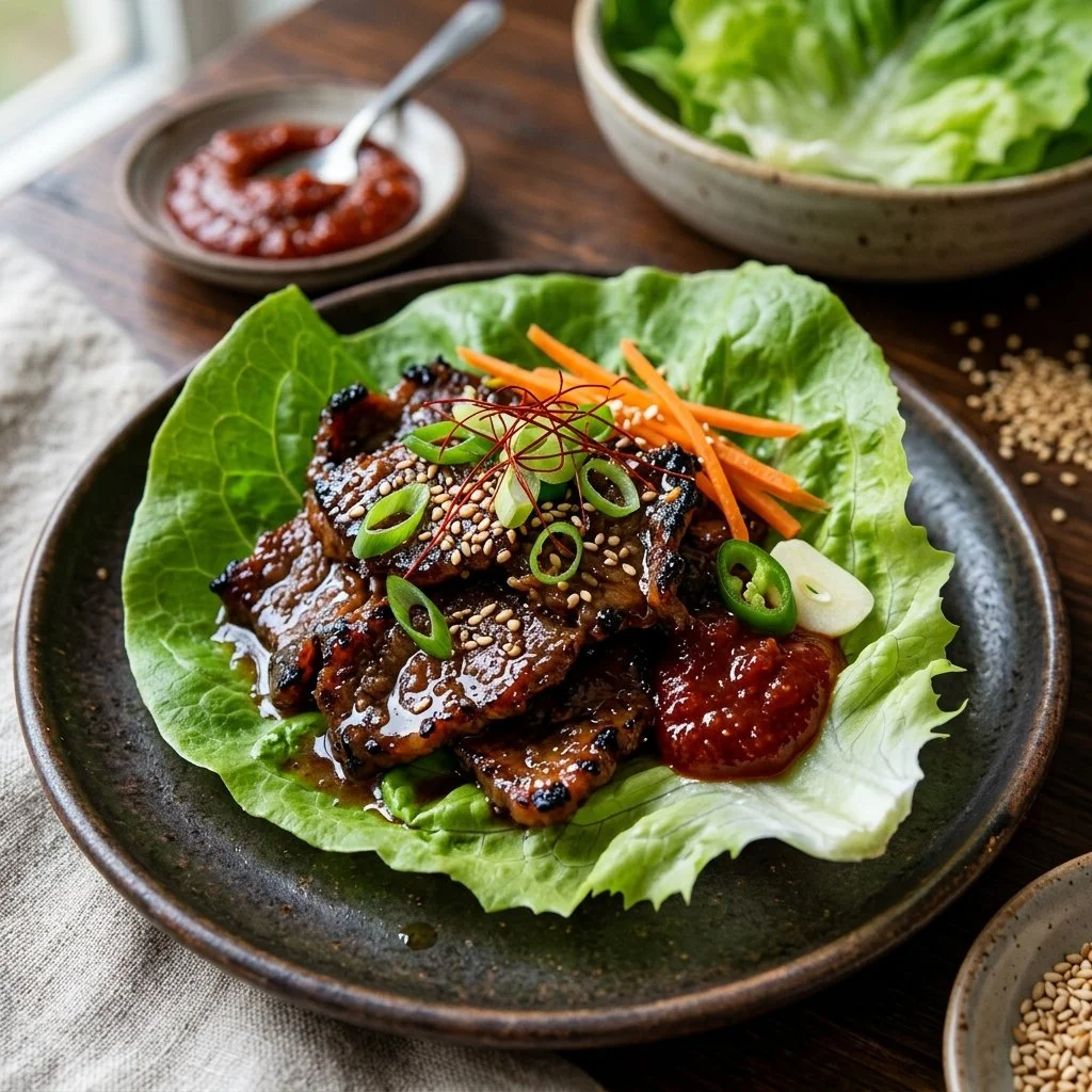 Korean beef lettuce wraps served with fresh vegetables and sauces