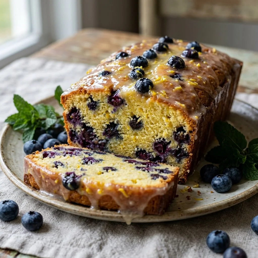 Sliced Lemon Blueberry Pound Cake on a plate with fresh blueberries and lemon slices.