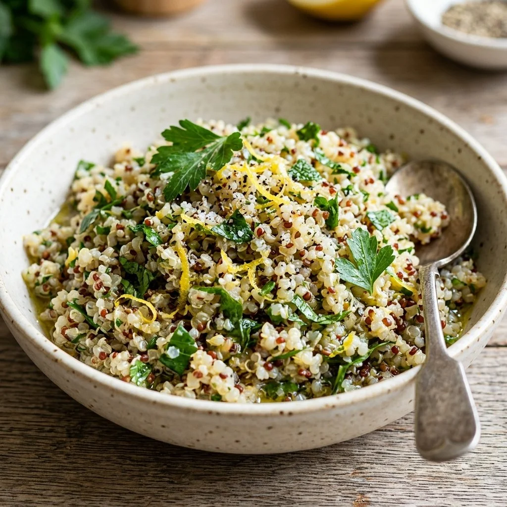 Bowl of lemon herb quinoa garnished with fresh herbs and lemon slices.