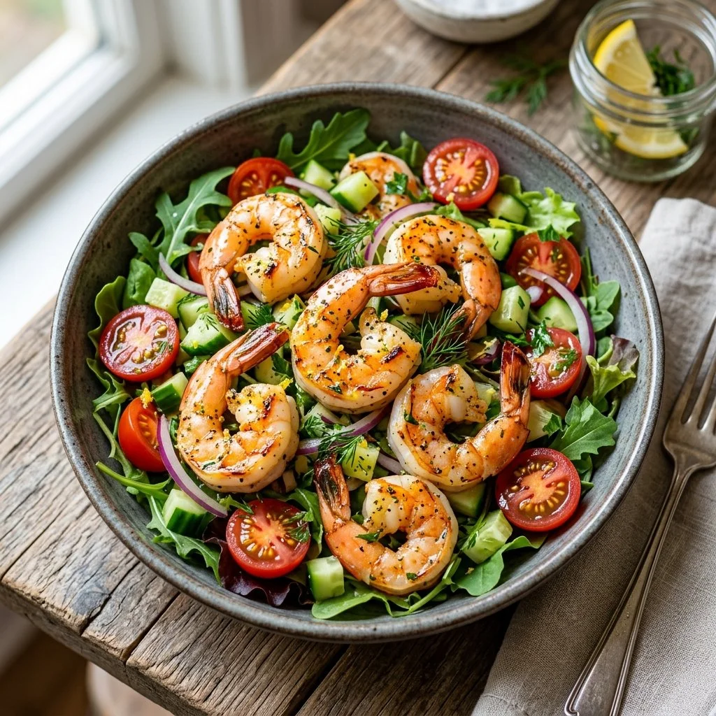 Lemon Herb Shrimp Salad with fresh greens and vibrant vegetables