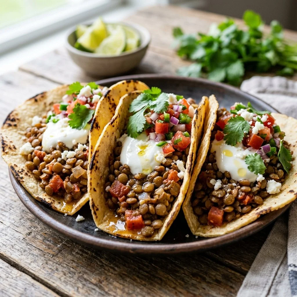 Delicious lentil tacos served with fresh toppings and avocado