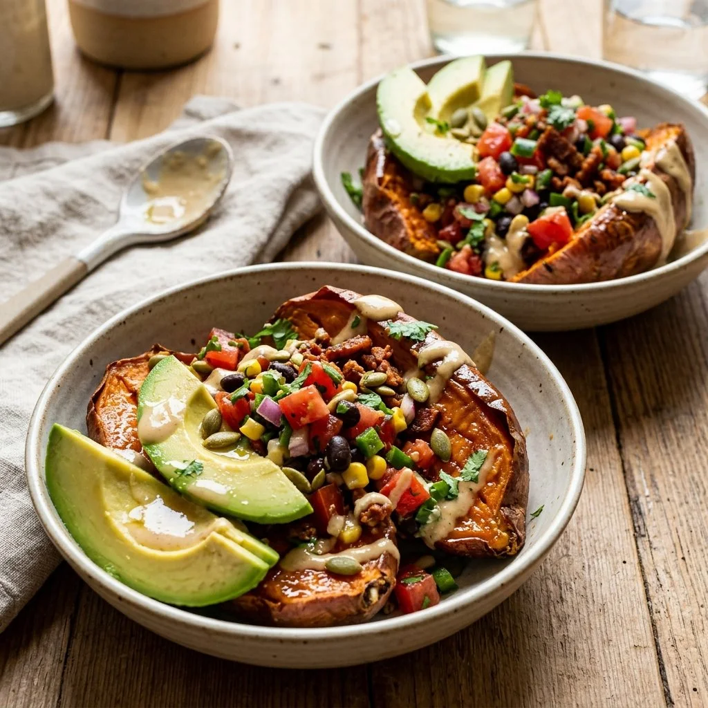 Loaded sweet potato bowls topped with veggies and a drizzle of sauce.