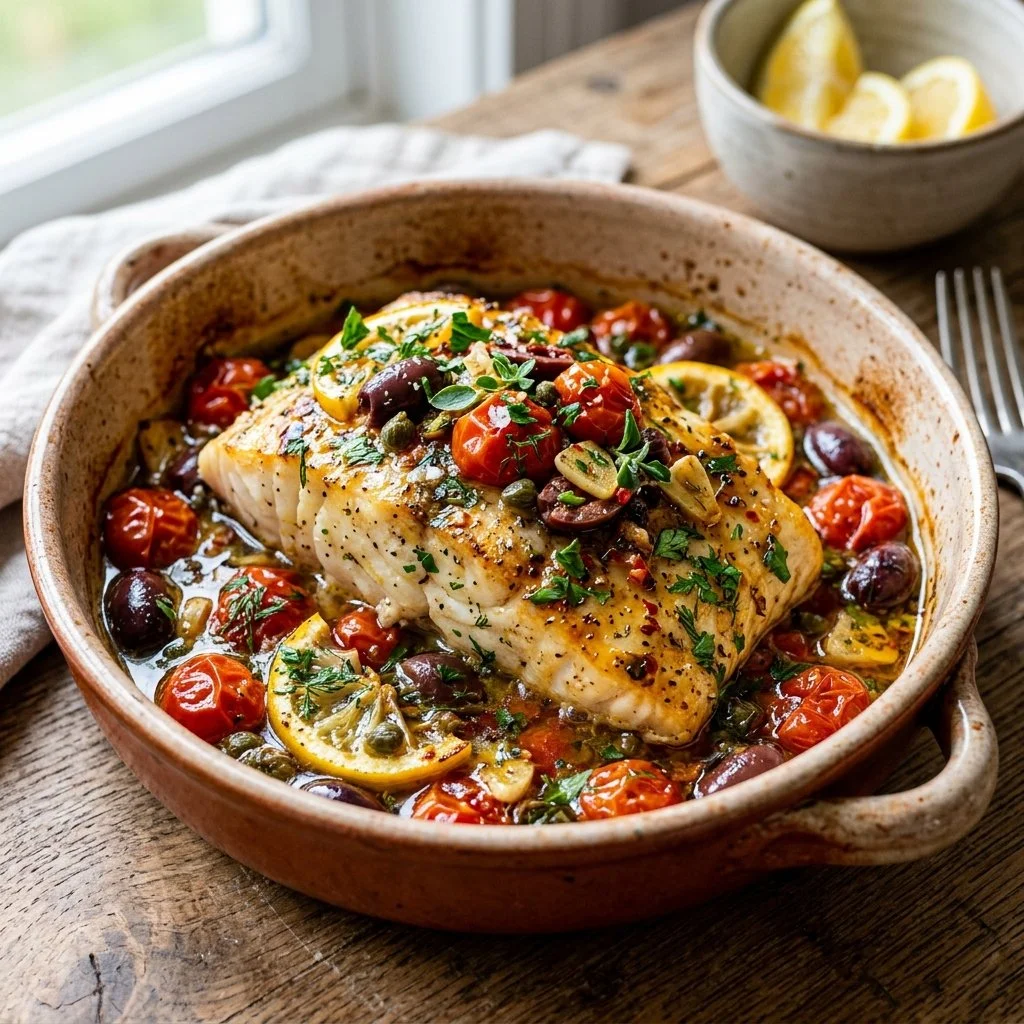 Mediterranean baked cod served with fresh herbs and vegetables