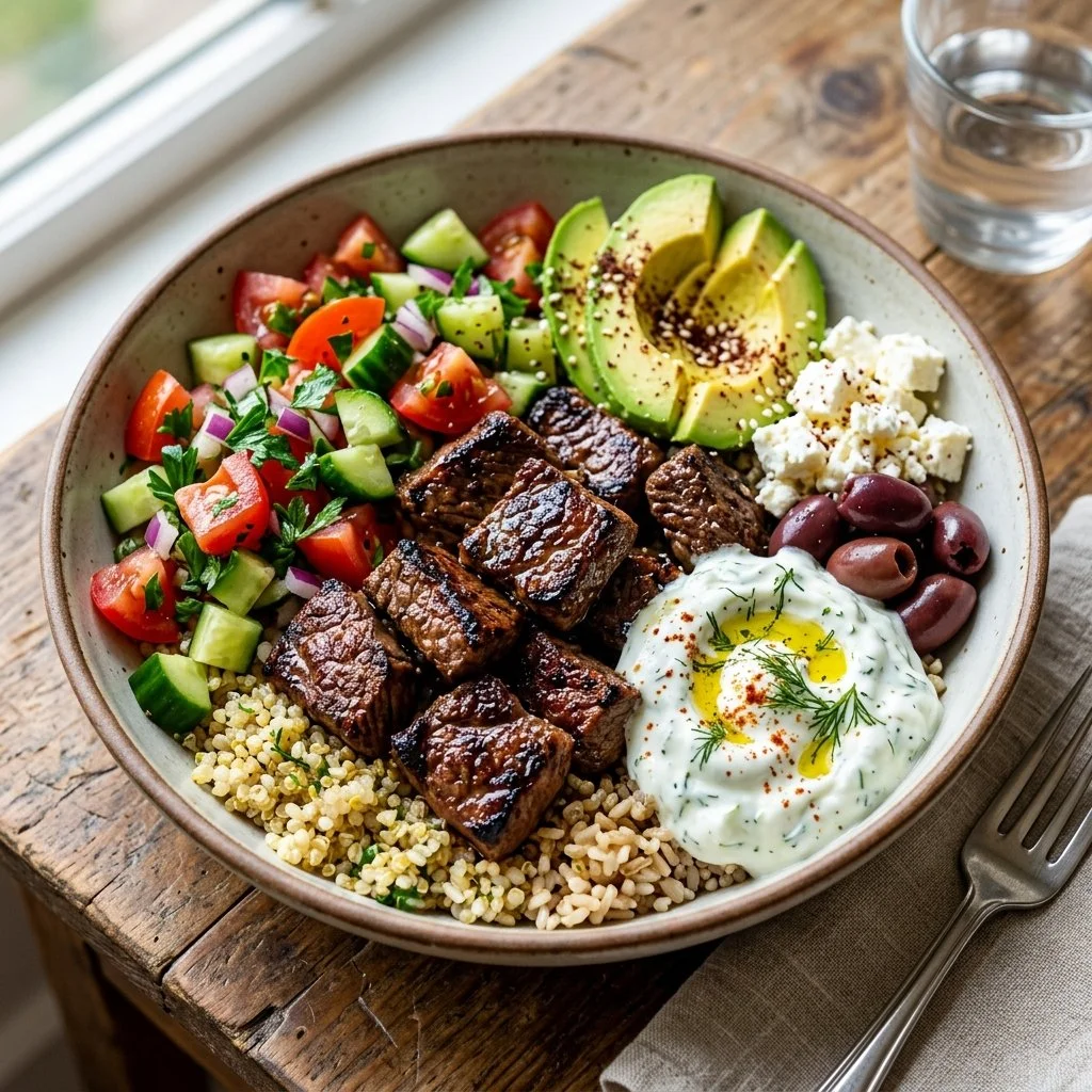 Mediterranean Beef Bowl with fresh ingredients and spices