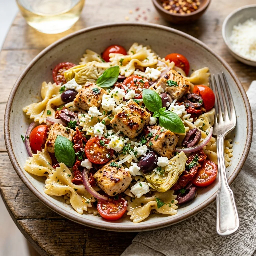 Delicious Mediterranean Chicken Pasta with fresh vegetables and herbs