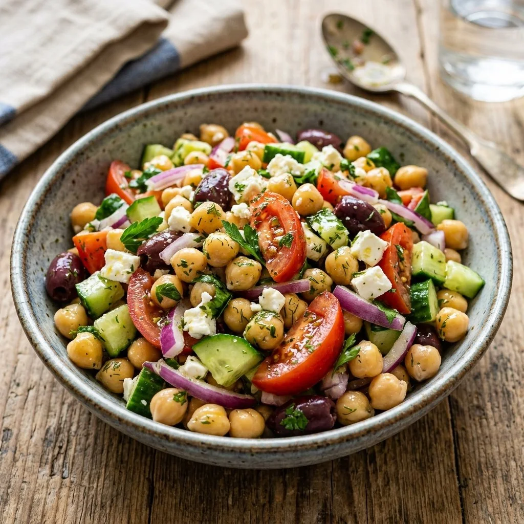 Colorful Mediterranean Chickpea Salad with fresh vegetables and herbs