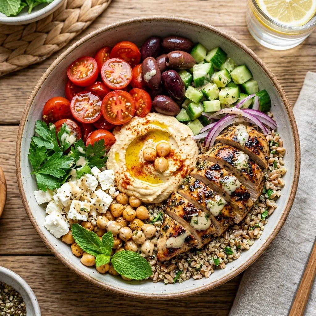 Delicious Mediterranean Grain Bowl featuring grains, fresh vegetables, and Mediterranean spices.