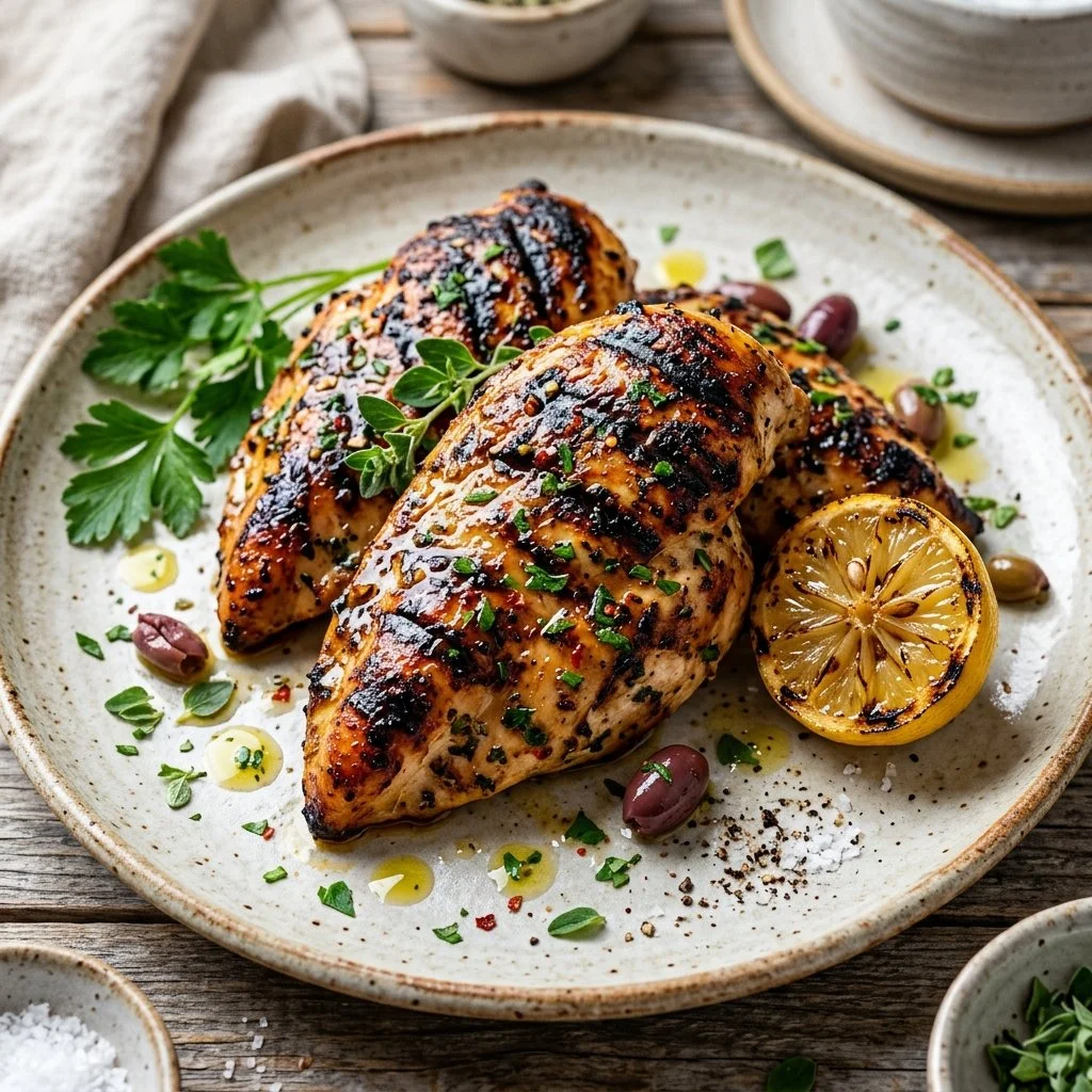 Delicious Mediterranean grilled chicken served with fresh herbs and spices.