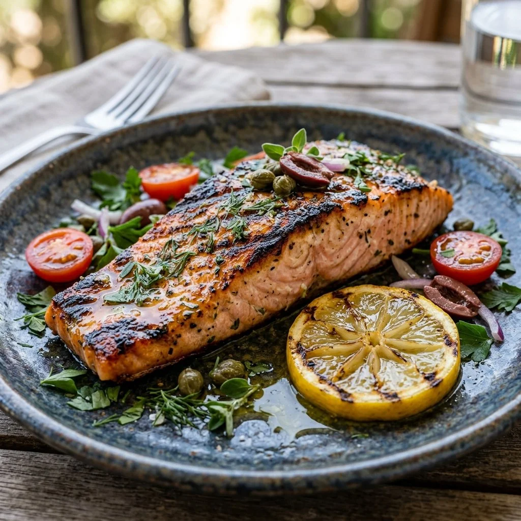Mediterranean grilled salmon with herbs and lemon on a plate