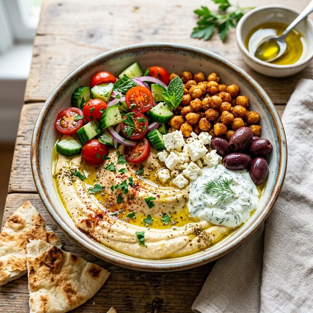 Delicious Mediterranean hummus bowl with fresh vegetables and pita bread