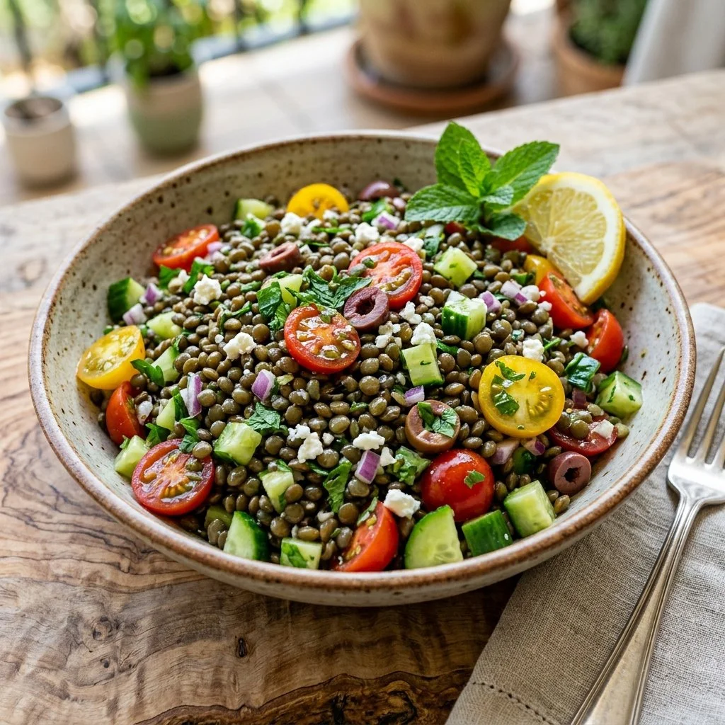 Colorful Mediterranean Lentil Salad with fresh vegetables and herbs