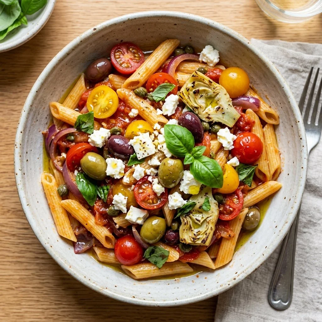 Delicious Mediterranean Pasta Bowl with fresh vegetables and herbs