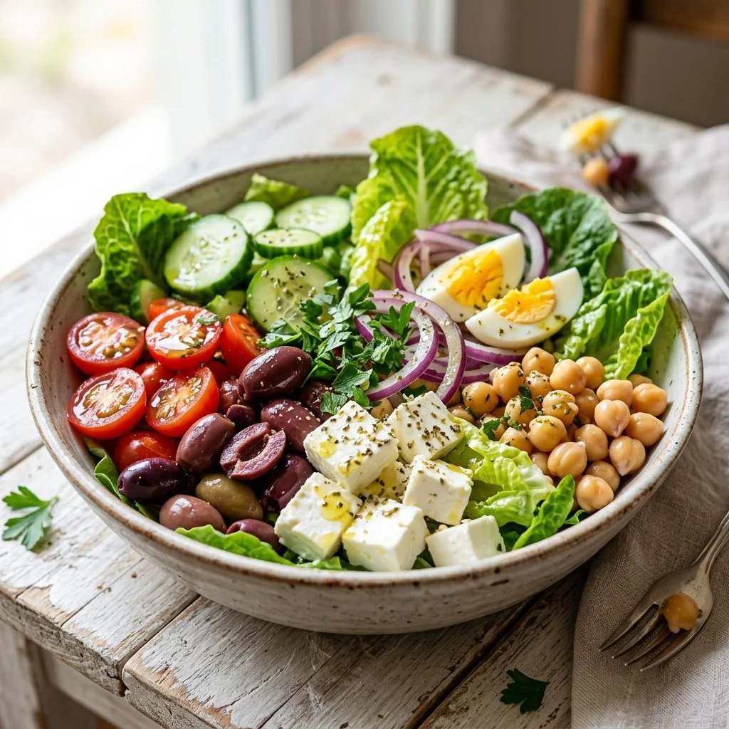 Mediterranean power salad with vibrant veggies and nutritious ingredients