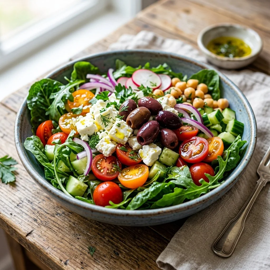 Colorful Mediterranean Salad Bowl with fresh vegetables and feta cheese