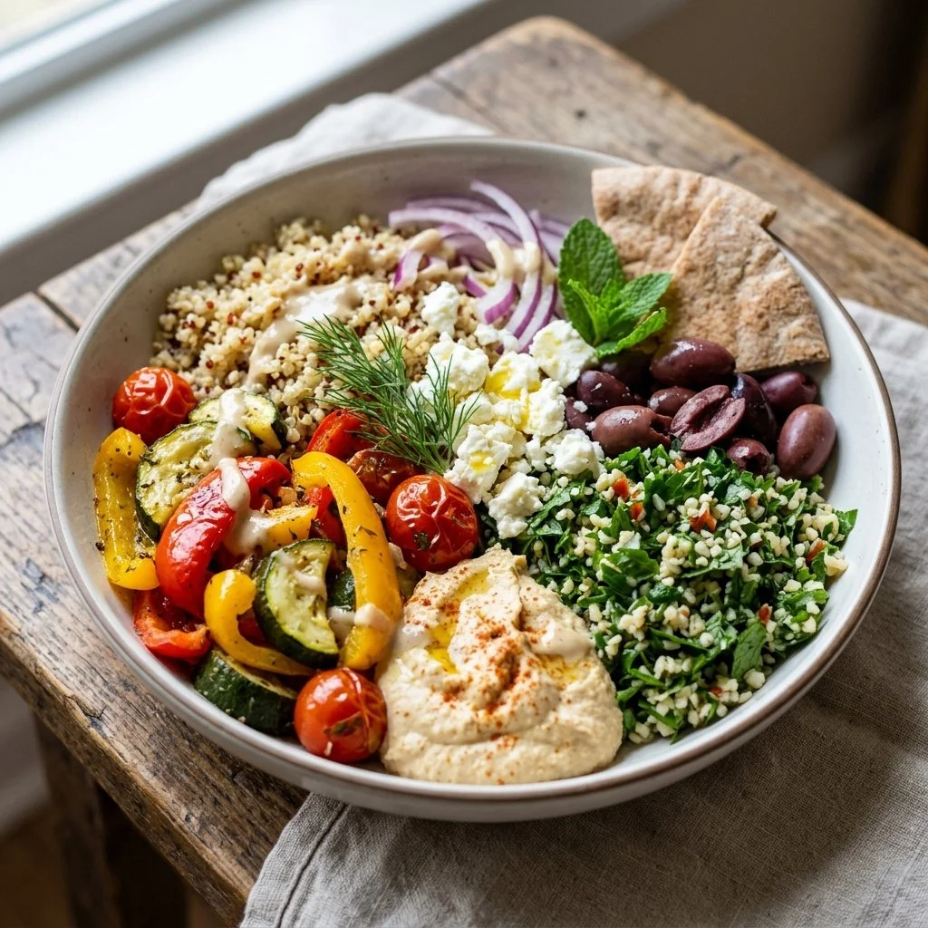 Delicious Mediterranean Veggie Bowl filled with vibrant veggies and grains