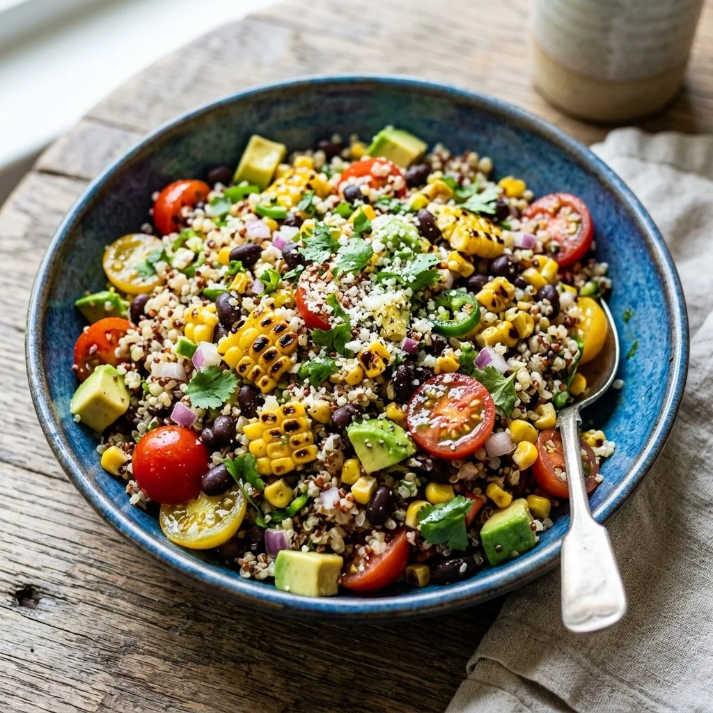 Colorful Mexican Quinoa Salad with fresh veggies and lime dressing