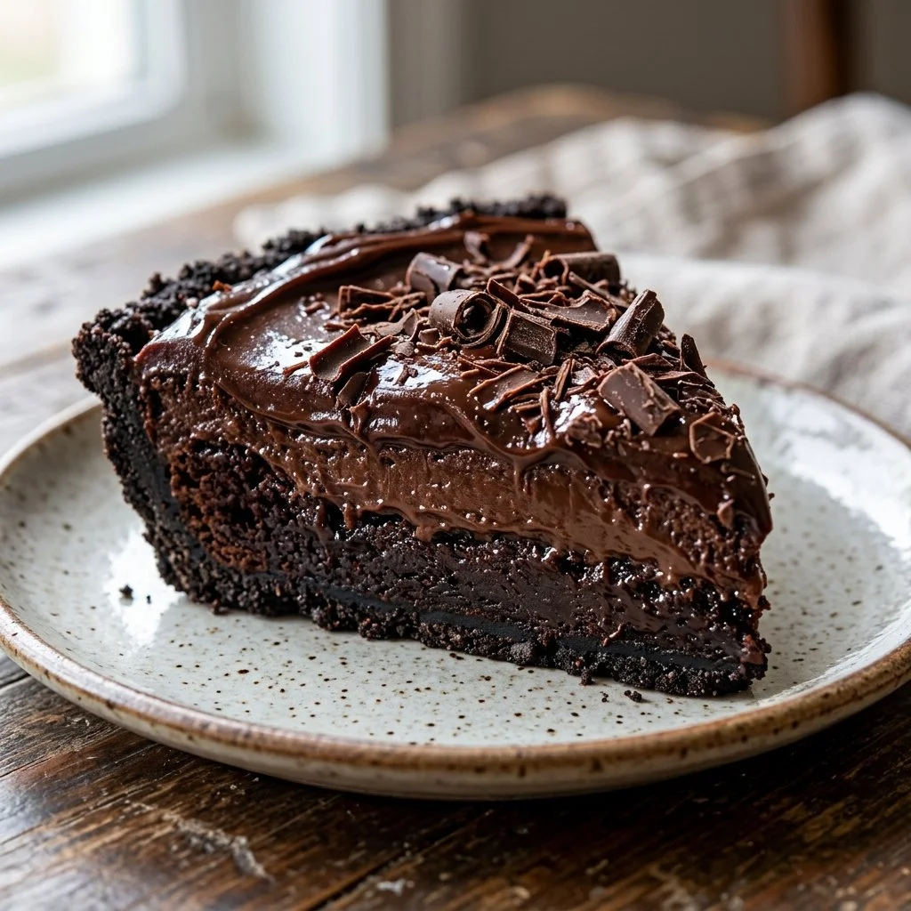 Delicious slice of Mississippi Mud Pie topped with whipped cream and chocolate.