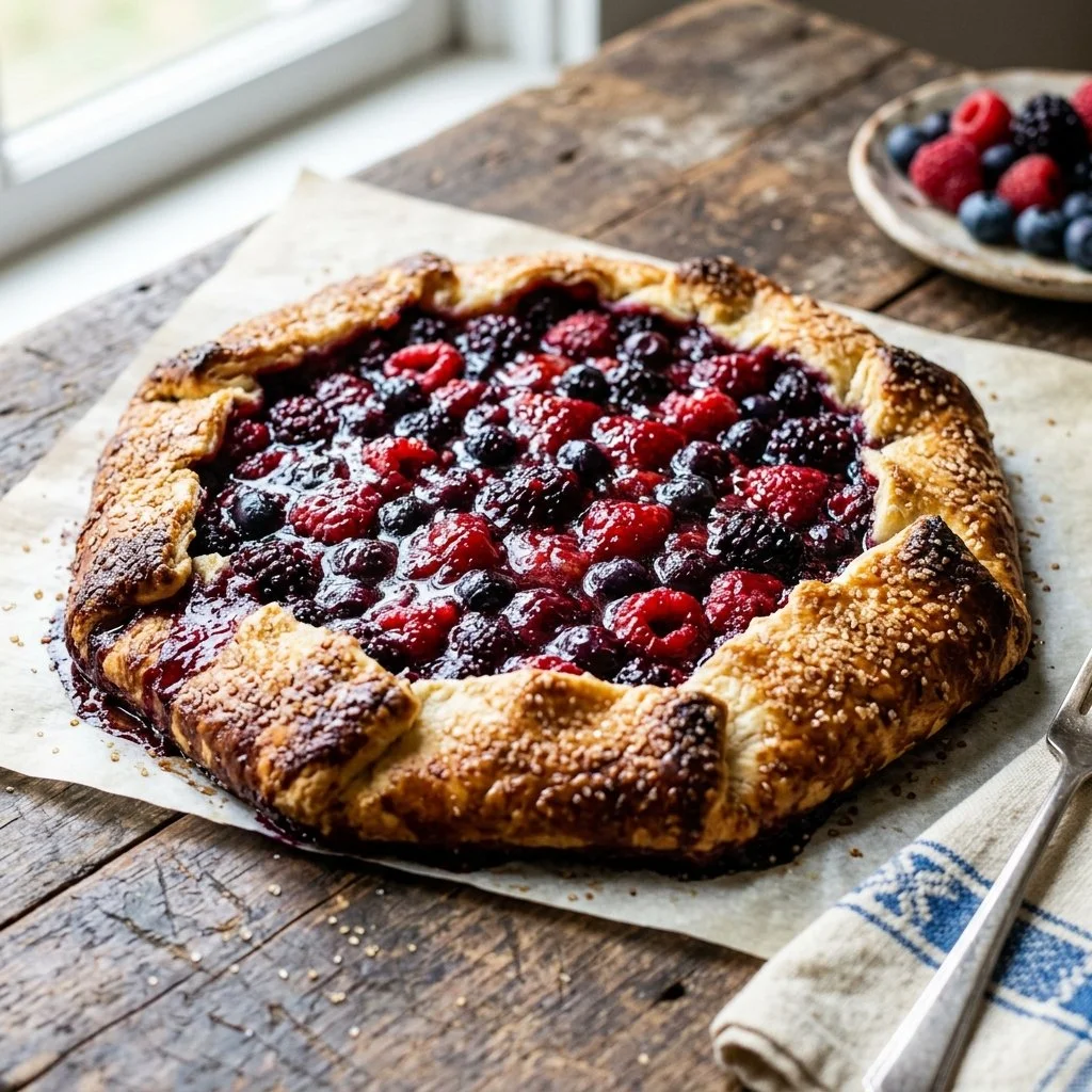 Freshly baked mixed berry galette with a flaky crust and vibrant berries