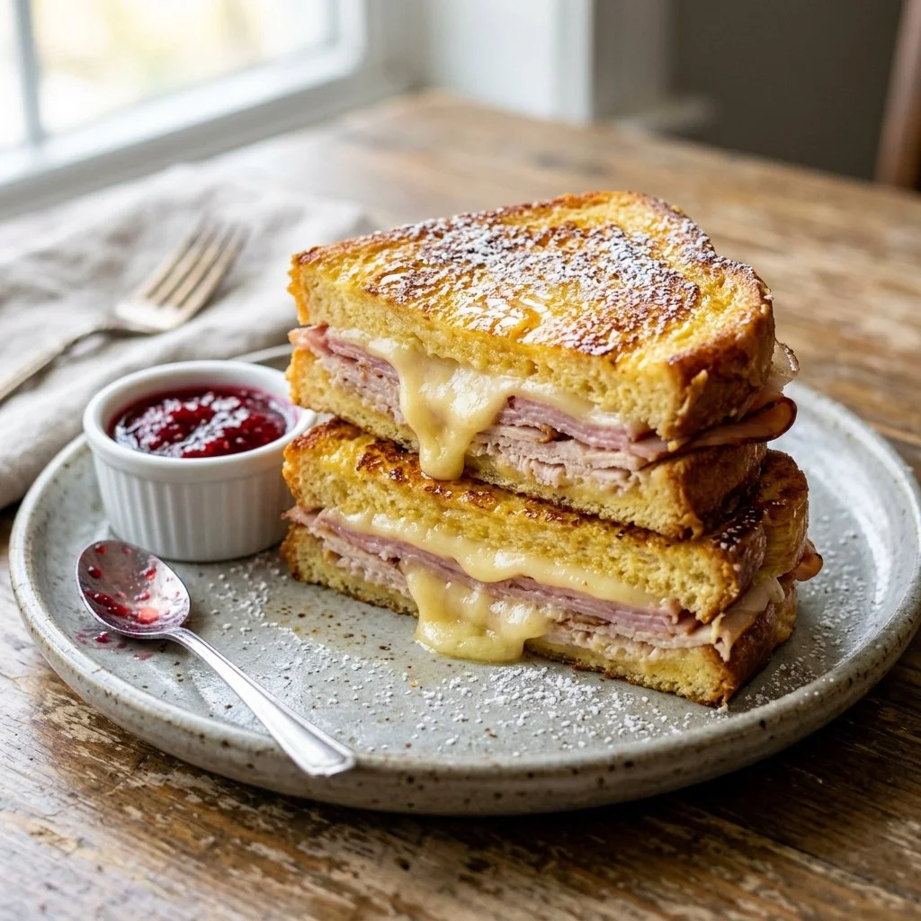 Delicious Monte Cristo sandwich with ham, turkey, and cheese, served with powdered sugar.