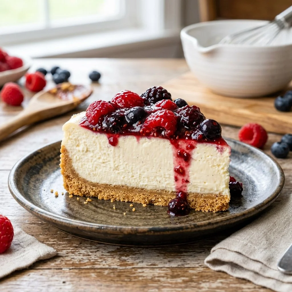 Delicious no bake cheesecake topped with fresh berries