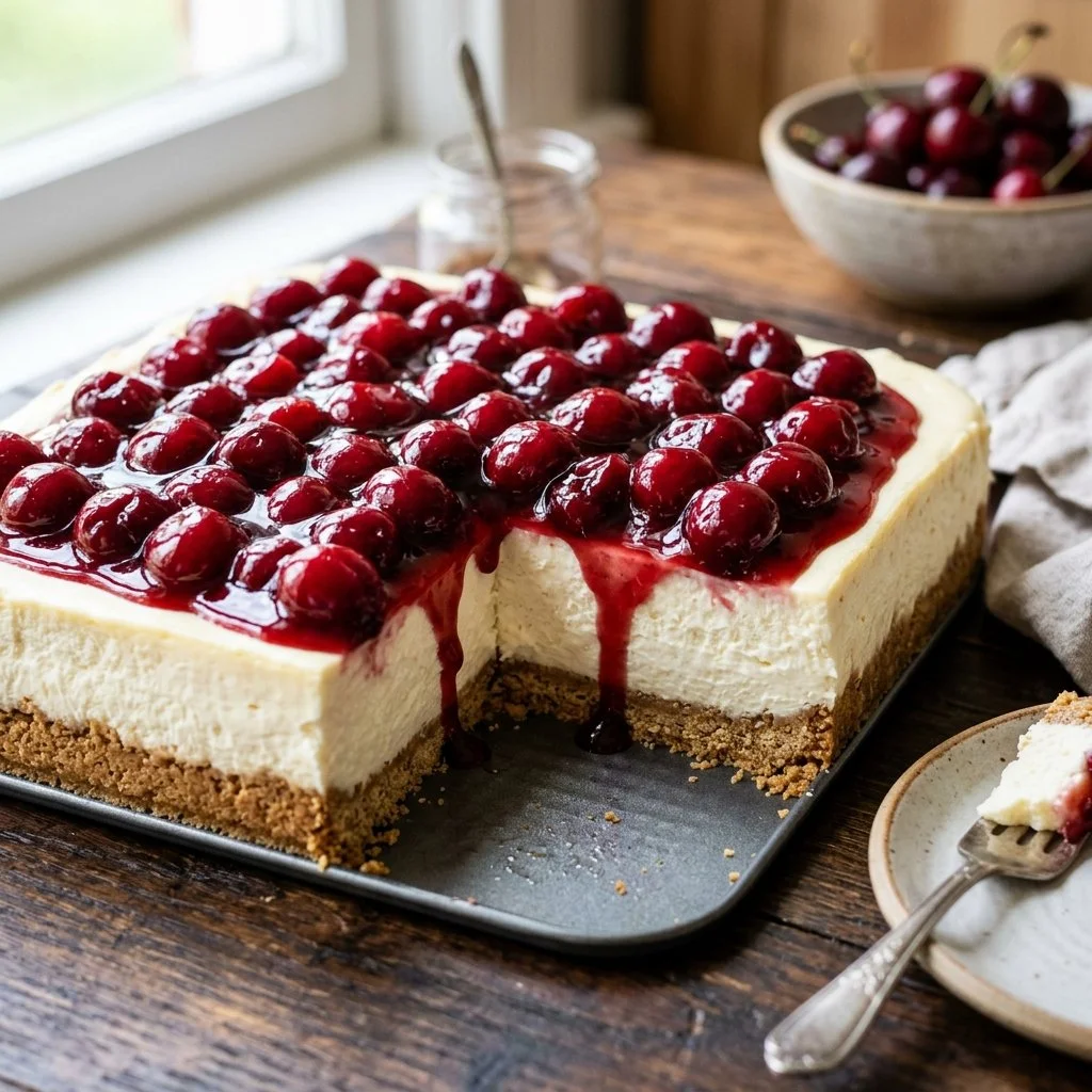 No bake cherry cheesecake topped with fresh cherries and whipped cream.