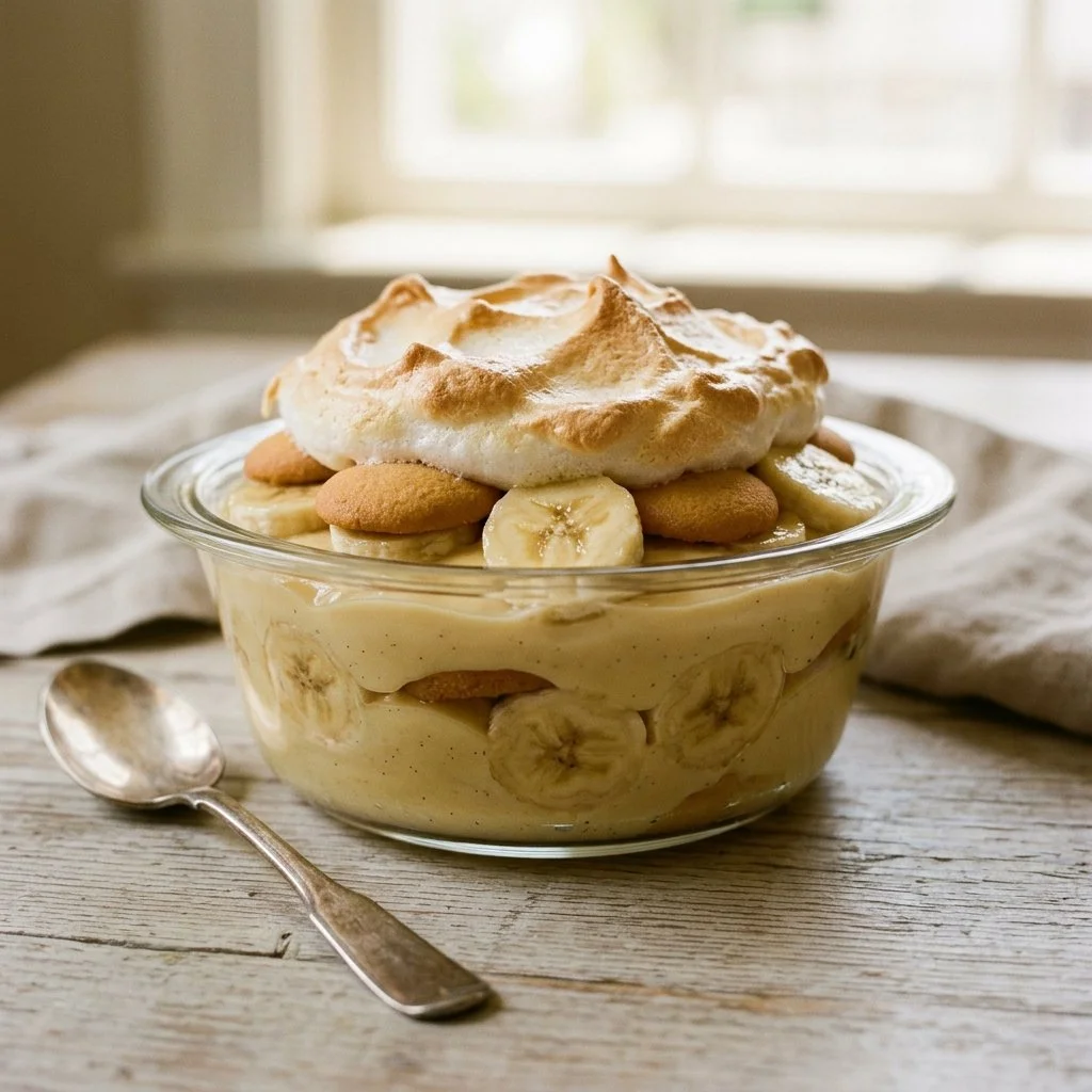 Delicious old fashioned banana pudding dessert in a glass dish.