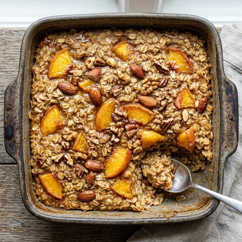 Delicious peach baked oatmeal served in a bowl with fresh peaches on top.