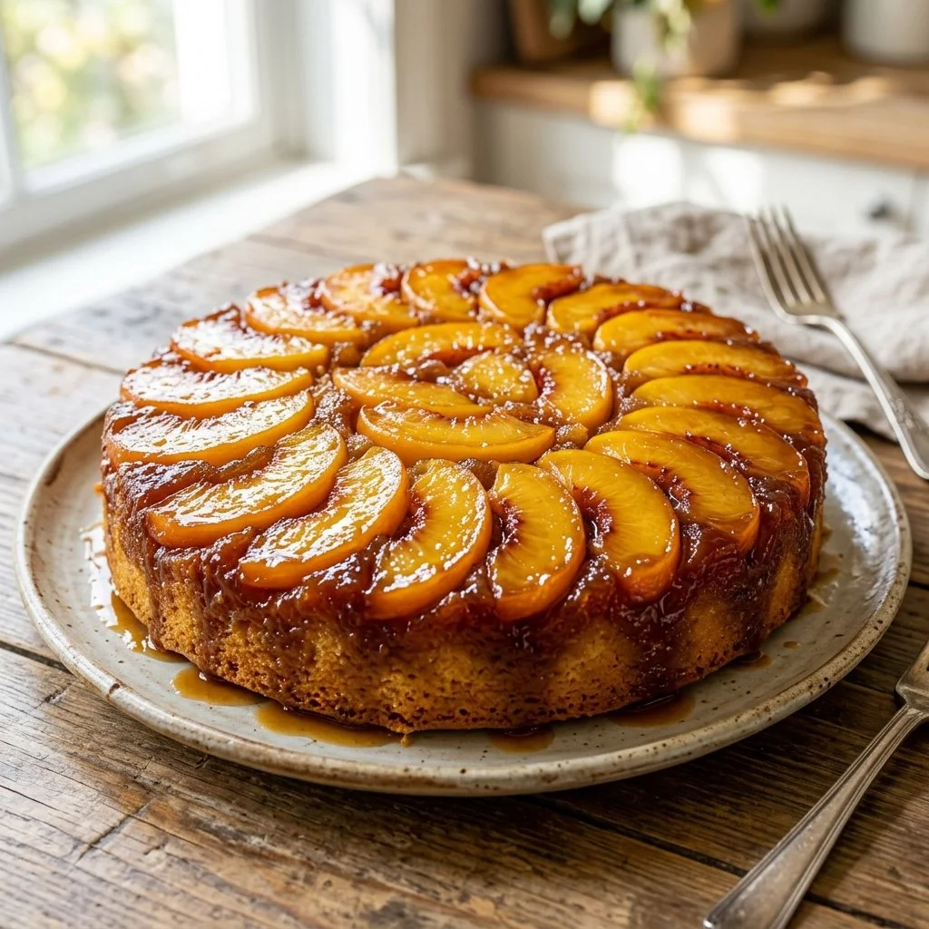 Slice of Peach Upside Down Cake with caramelized peaches on top