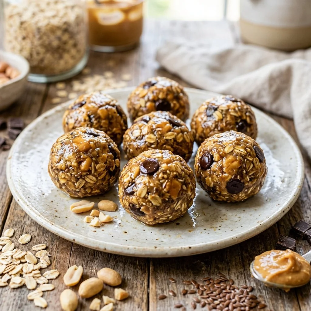 Homemade peanut butter protein balls with nuts and chocolate chips