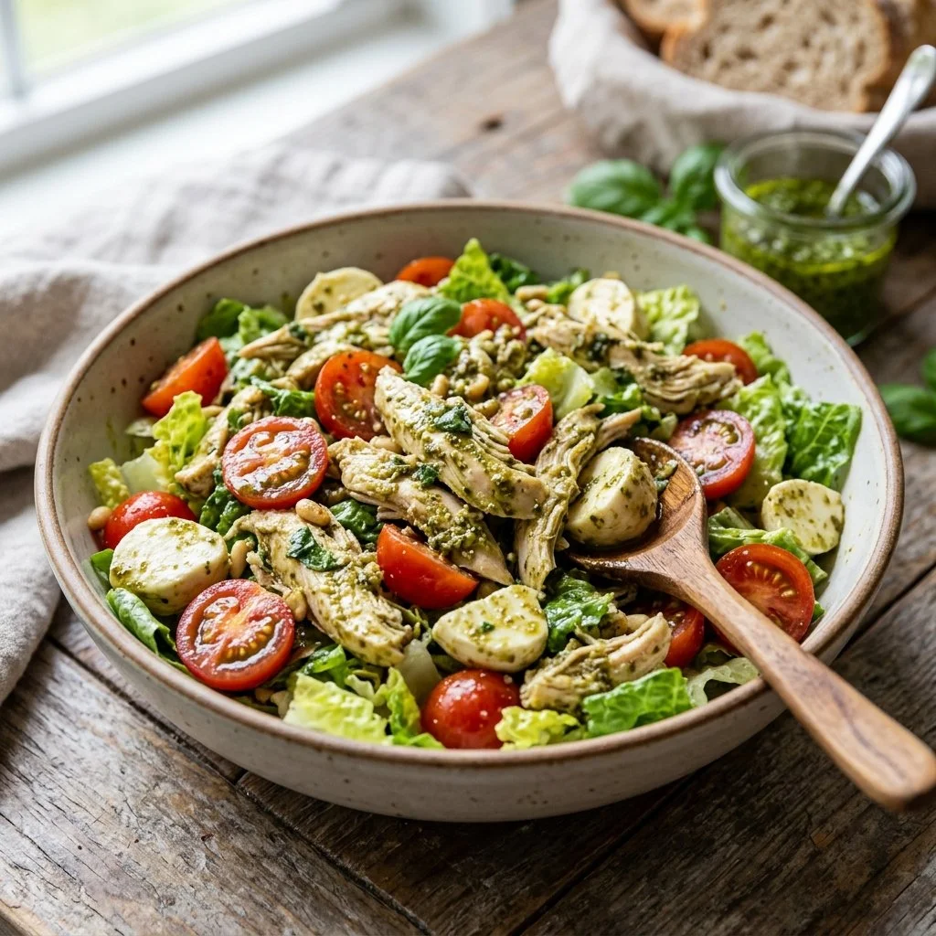 Healthy Pesto Chicken Salad served in a bowl with colorful ingredients