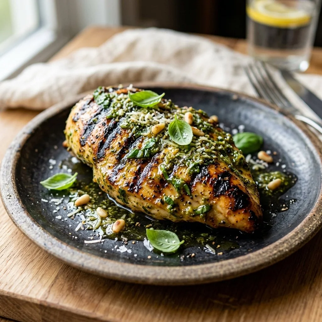 Delicious pesto grilled chicken served with fresh vegetables on a plate.