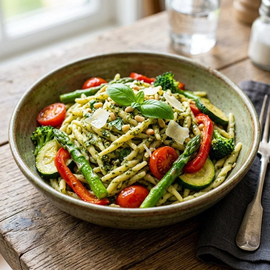 Bowl of vibrant pesto pasta with fresh vegetables.