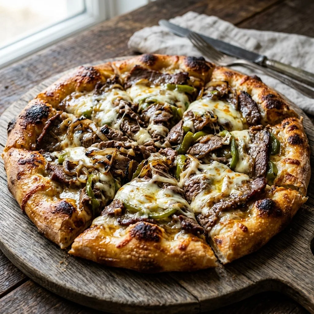 Delicious Philly Cheesesteak Pizza with steak, cheese, and fresh toppings.
