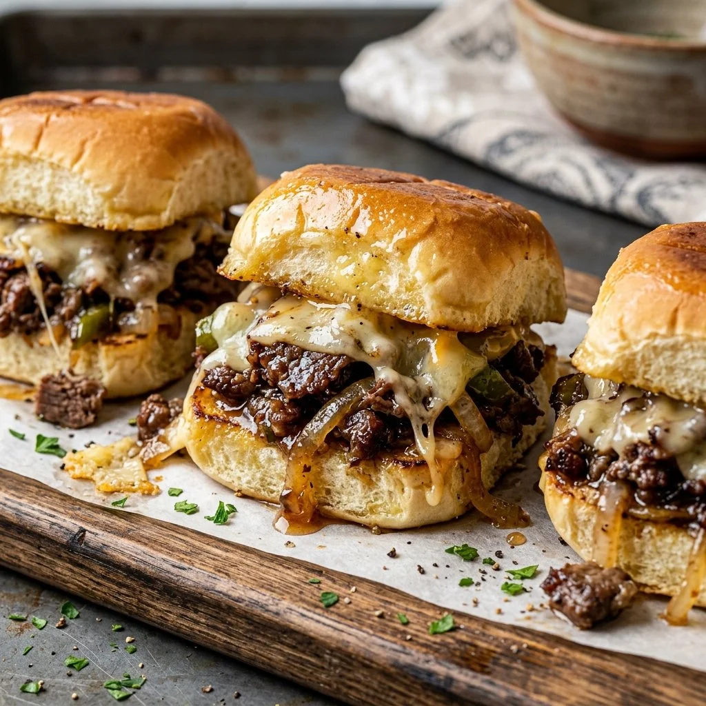 Philly Cheesesteak Sliders topped with melted cheese and sautéed onions.