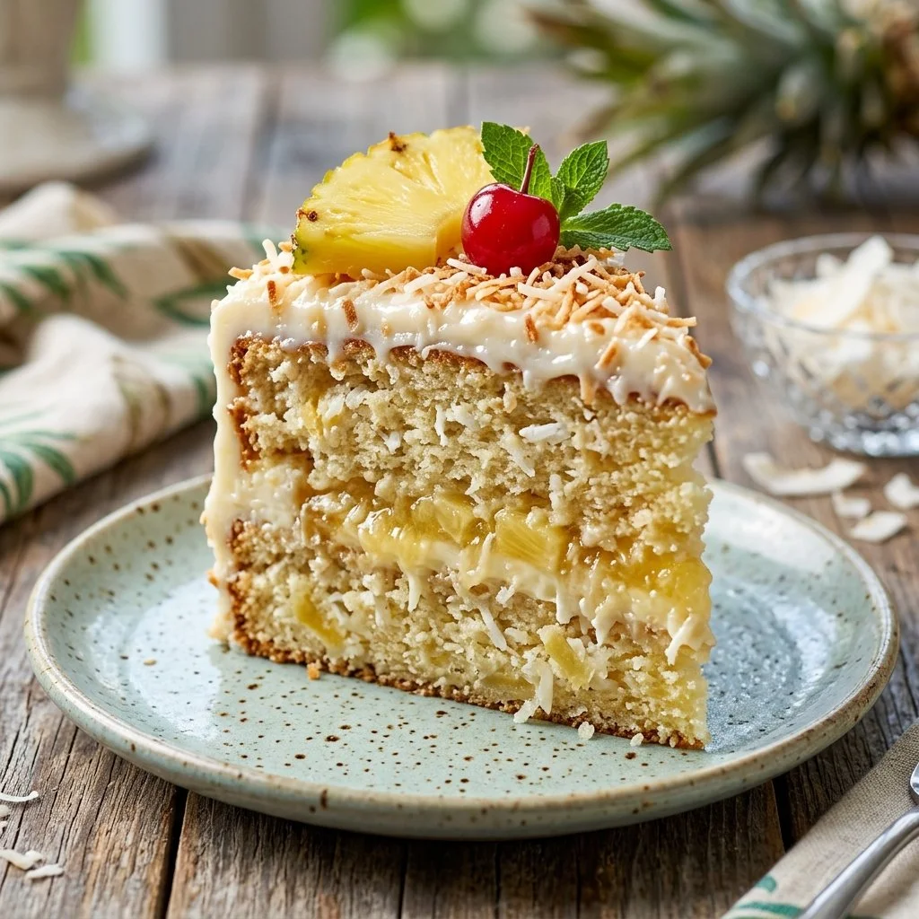 Delicious pina colada cake topped with coconut and pineapple frosting