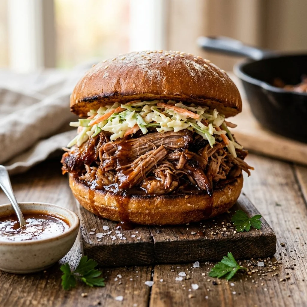 Delicious pulled pork sandwiches with fresh toppings on a wooden board
